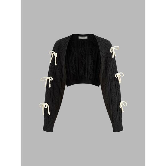 Commense Bow Knotted Cropped Cable Knit Cardigan Girly Cozy Black NWT Large - Picture 1 of 5